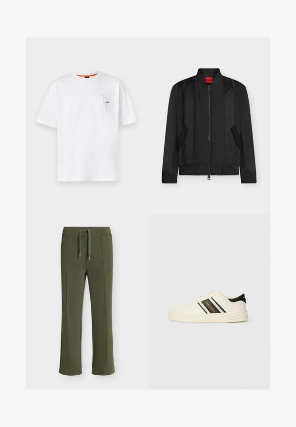 Zwarte bomberjas met rits aan de voorkant, geribde kraag, manchetten en zoom, twee schuine klepzakken en een rood HUGO merklabel binnenin de kraag.; Witte katoenen T-shirt met korte mouwen, ronde halslijn, met een klein zwart logo op de linkerborst en een oranje accent aan de binnenkant van de kraag.; Olijfgroene geribbelde gebreide broek met een trekkoord in de taille en zichtbare verticale naden aan de voorkant van elk been.; Beige leren sneaker met zwart-witte strepen, ronde neus, platte rubberen zool en logo-detail op de zijkant en hiel.
