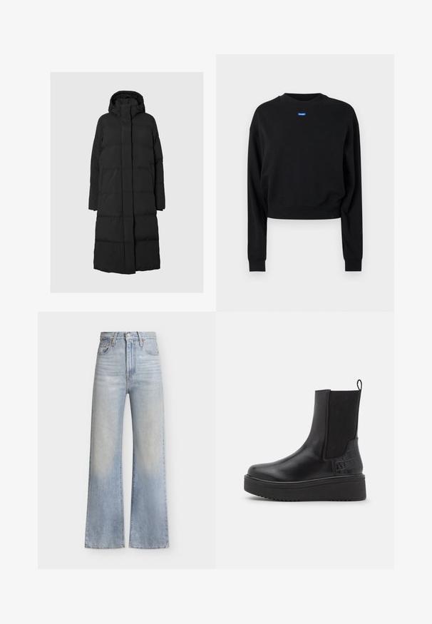 Sort polstret lang frakke med hætte, der har lynlåslukning, store vandrette sektioner og sidelommer. Fremstillet af letvægts, tekstureret stof.; Sort cropped sweatshirt med lange ærmer og ribbede manchetter; har et blåt rektangulært logo mærke på forsiden nær halsudskæringen.; Lyseblå jeans med høj talje og vide ben, lukkes foran med knapper og lynlås, forlommer og subtile falmede detaljer.; Sorte læderankelstøvler med elastiske sidepaneler, struktureret krokodillemønster, kraftig platformsål og løkke til at tage dem på.