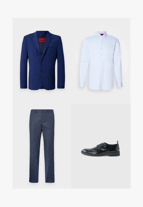 Marineblazer met een knoopsluiting van twee knopen, notch revers, zijzakken en een rode binnenlabel, gemaakt van een gladde stof.; Lichtblauwe overhemd met lange mouwen, knoopsluiting en een spreidkraag, afgeronde onderkant en witte knopen. Glad stof met een subtiele glans.; Heren rechte marineblauwe formele broek met riemlussen, voorplooi en een subtiel gestructureerd stofpatroon.; Glanzende zwarte lederen nette schoen met lage hak, vetersluiting en ronde neus, van opzij getoond tegen een effen lichte achtergrond.
