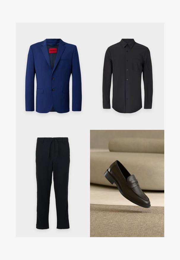 Navy blazer med to-knap lukning, notch lapels, sidelommer og en rød indvendig etiket, lavet af et glat stof.; Sort langærmet skjorte i et glat materiale med klassisk krave, knaplukning og en brystlomme på venstre side.; Sorte bukser lavet af blødt stof med elastisk talje, lige ben og simpel kant uden lommer eller udsmykninger.; Sort læder loafer sko, der hviler på et beige tæppe med en buet beige sofa i baggrunden.