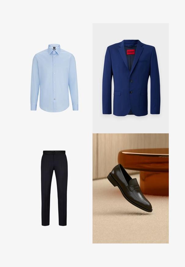Navy blazer med to-knap lukning, notch lapels, sidelommer og en rød indvendig etiket, lavet af et glat stof.; Lys blå, langærmet skjorte med knaplukning og klassisk krave, lavet af glat stof. Har hvide knapper foran og på manchetterne.; Marineblå bukser med en slank pasform, der har en flad front, bæltestropper og en glat stoftexture. Velegnet til formelt tøj.; Sort læderloafer med et elegant design, der har et struktureret bånd og en glat finish. Placeret mod en blød, lys baggrund.
