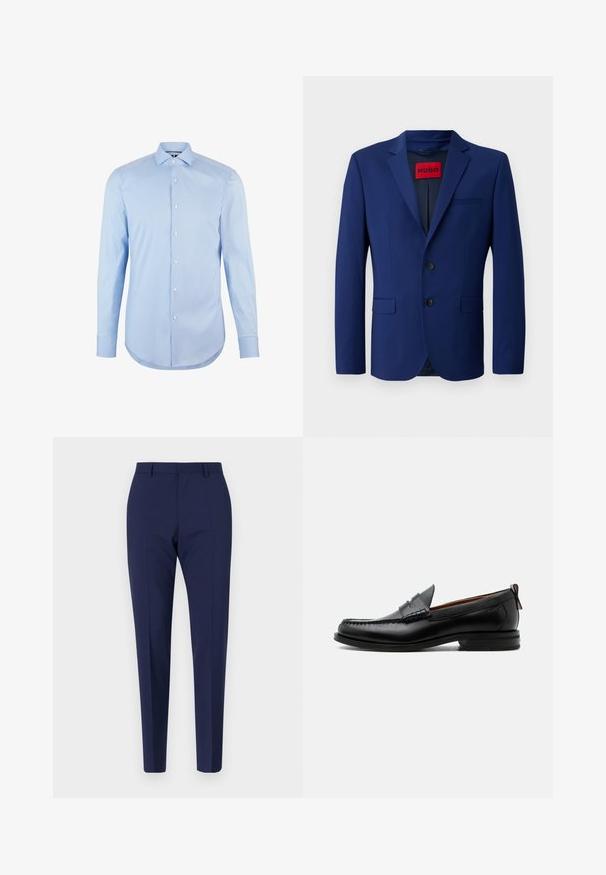 Navy blazer med to-knap lukning, notch lapels, sidelommer og en rød indvendig etiket, lavet af et glat stof.; Lyseblå langærmet skjorte lavet af bomuld med spidse kraver, forknapper og rundet kant. Glat tekstur uden mønstre.; Marineblå skræddersyede bukser med slim fit, der har en glat tekstur, flad front og indgangspartier. Ingen synlige lommer eller udsmykninger.; Sort læder herre loafer med moc-tå syning, penny strop, struktureret krave og lav stablet hæl på hvid baggrund.