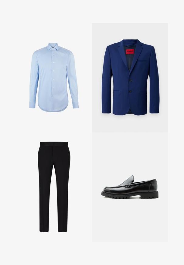 Blazer navy con cierre de dos botones, solapas de pico, bolsillos laterales y una etiqueta interior roja, fabricado en una tela suave.; Camisa de manga larga azul claro confeccionada en algodón, con cuello de punta, botones en la parte frontal y dobladillo redondeado. Textura suave sin patrones.; BOSS H GENIUS TUX 231 - Pantalón de traje - black; Mocasín de cuero negro con suela de goma gruesa, empeine cosido y nombre de la marca en relieve en el talón, mostrado en perfil lateral sobre fondo blanco.