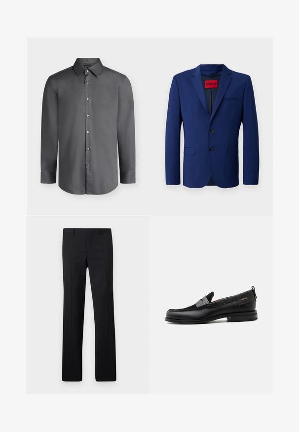 Blazer navy con cierre de dos botones, solapas de pico, bolsillos laterales y una etiqueta interior roja, fabricado en una tela suave.; Camisa de vestir para hombre de manga larga en gris oscuro con cuello puntiagudo y botones delanteros, mostrada sobre un fondo gris claro.; Pantalones negros ajustados con un diseño de pierna recta, pliegues marcados y un acabado suave. Fabricados en tejido ligero con una cintura limpia.; Mocasín de cuero negro con detalle de tira gris, tacón bajo y suela texturizada, con la marca "HUGO" en oro en el lateral.