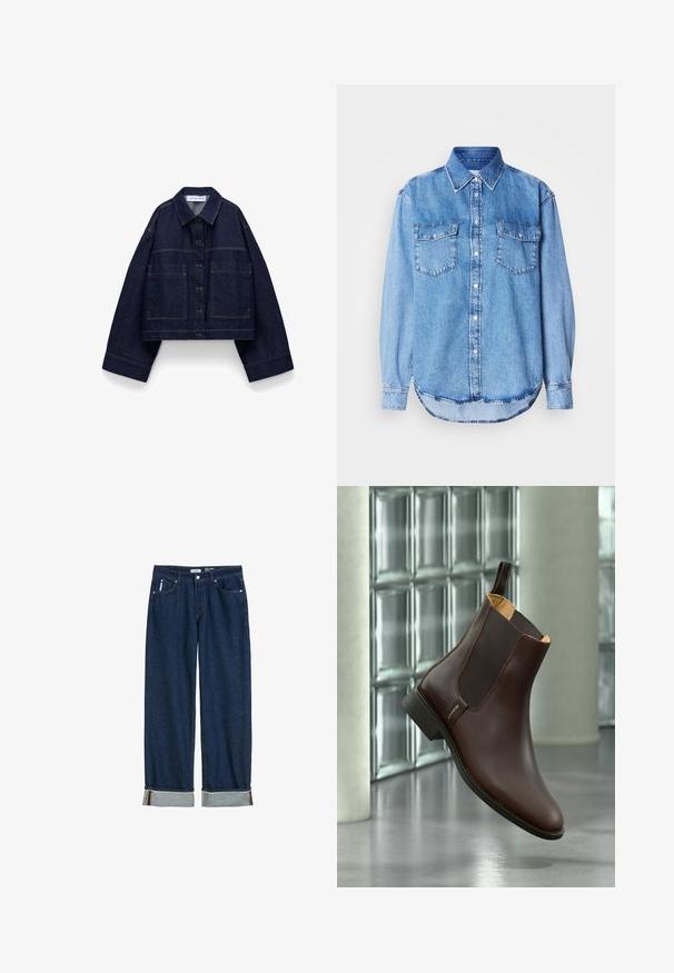 Donkerblauwe cropped spijkerjas met knoopsluiting aan de voorkant, oversized mouwen, twee grote voorzakken en een puntige kraag.; Denimshirt met een lichtblauwe kleur, klassieke kraag, knoopsluiting aan de voorkant, twee borstzakken en een afgeronde zoom met stikseldetails.; Donkerblauwe denim jeans met een rechte pijp, opgerolde boorden, zichtbare stiksels en een klassieke vijf-vakkenstijl.; Donkerbruine leren Chelsea boot met zwarte elastische zijpanelen, aantreklus en lage hak, afgebeeld tegen een glazen blokkenmuur.