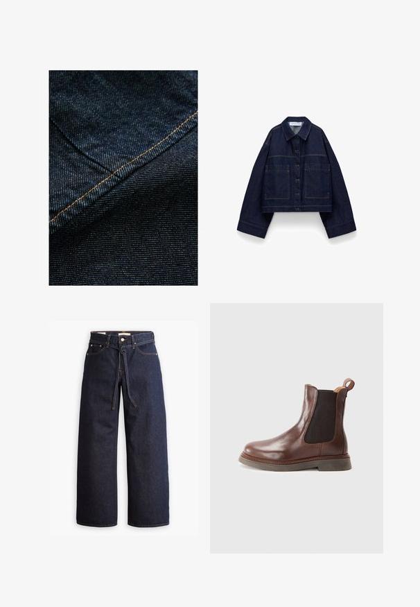 Donkerblauwe cropped spijkerjas met knoopsluiting aan de voorkant, oversized mouwen, twee grote voorzakken en een puntige kraag.; Donkerblauwe denimstof met een subtiele verticale textuur, voorzien van oranje stiksels langs de naad voor accentuering.; Wijd pijpjes donkerblauwe denim jeans met een hoge taille, voorzien van een trekkoord, vijf zakken en contrasterende stiksels.; Bruine leren Chelsea-boot met elastische zijpanelen, ronde neus en geribbeld oppervlak. Voorzien van een trekband en een dikke, duurzame zool.