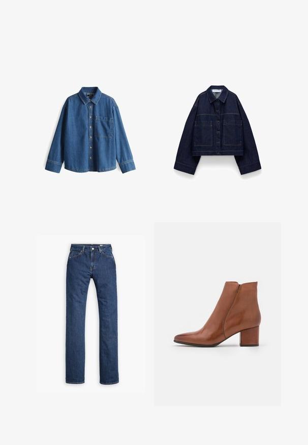 Dunkelblaue, kurz geschnittene Jeansjacke mit Knopfleiste, übergroßen Ärmeln, zwei großen Fronttaschen und spitzem Kragen.; Jeanshemd, hellblau, langärmlig, Knopfleiste vorne, Kragen, eine Brusttasche, kontrastierende Nähte und ein lässiger Schnitt.; Levi's® MOJ MIJ PLANK STRAIGHT - Jeans Straight Leg - stems; Braune Leder-Ankle-Boots mit spitzem Zehenbereich, mittelhohem Blockabsatz und minimaler Nahtgestaltung. Glatte Textur mit polierter Oberfläche.