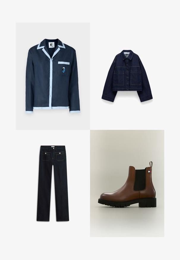 Donkerblauwe cropped spijkerjas met knoopsluiting aan de voorkant, oversized mouwen, twee grote voorzakken en een puntige kraag.; Marineblauwe linnen shirt met lichtblauwe kraag en zakafwerking. Beschikt over een borstzak met een geborduurd ontwerp. Knopen aan de voorkant.; Donkerblauwe spijkerbroek met een rechte pijp, voorzien van twee voorzakken en zichtbare stiknaden. Geen zichtbare slijtage.; Bruine leren Chelsea-laars met zwart elastisch zijpaneel, dikke zwarte zool, hieltrekbandje en klein rechthoekig logo aan de bovenkant.
