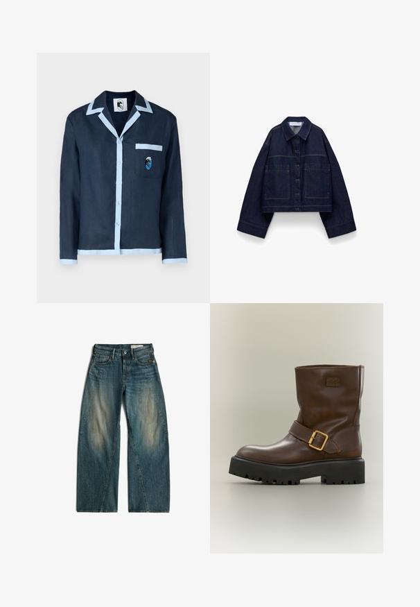 Dunkelblaue, kurz geschnittene Jeansjacke mit Knopfleiste, übergroßen Ärmeln, zwei großen Fronttaschen und spitzem Kragen.; Marineblaues Leinenhemd mit hellblauem Kragen und Taschenbesatz. Verfügt über eine Brusttasche mit einem gestickten Design. Knopfverschluss auf der Vorderseite.; Blaue Jeans mit weitem Bein, mit ausgebleichten Bereichen an den Oberschenkeln, Vordertaschen, Gürtelschlaufen und Knopfverschluss an der Taille, flach auf weißem Hintergrund liegend.; Brauner Leder-Stiefelette mit dicker schwarzer Profilsohle und goldenem Schnallenriemen an der Seite vor neutralem Hintergrund.