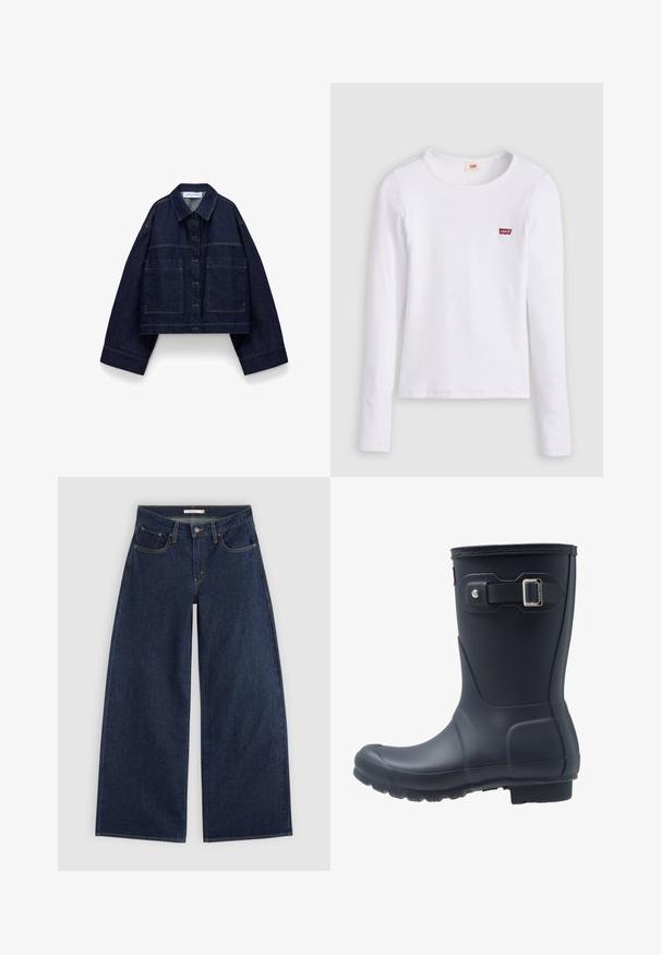 Donkerblauwe cropped spijkerjas met knoopsluiting aan de voorkant, oversized mouwen, twee grote voorzakken en een puntige kraag.; Wit Levi's shirt met lange mouwen, ronde hals en klein rood Levi's-logo op de linkerborst, afgebeeld op een effen achtergrond.; Donkerblauwe wijde spijkerbroek met voorzakken, riemlussen en knoopsluiting, plat gelegd op een lichte achtergrond.; Zwarte rubberen regenlaars met een ronde neus, textuurzool en verstelbaar riempje. Gladde oppervlakte met een matte afwerking.