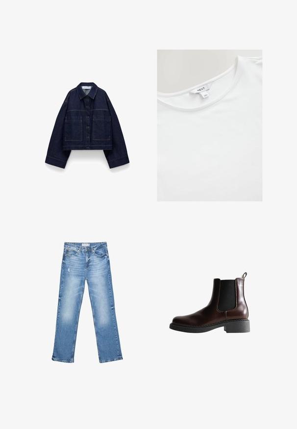 Dunkelblaue, kurz geschnittene Jeansjacke mit Knopfleiste, übergroßen Ärmeln, zwei großen Fronttaschen und spitzem Kragen.; Weißes T-Shirt mit kurzen Ärmeln aus weicher Baumwolle, das einen runden Ausschnitt und ein Etikett mit "NEXT" auf der inneren Rückseite hat.; Hellblaue Jeans aus Denim, mit geradem Bein, ausgewaschenen Stellen und subtilen Abnutzungen. Verfügt über fünf Taschen und einen klassischen Knopfverschluss.; Braune Leder-Boots mit elastischen Seitenteilen, runder Spitze und einer strukturierten schwarzen Gummisohle. Verfügt über kontrastierende Nähte und eine Ziehlasche.