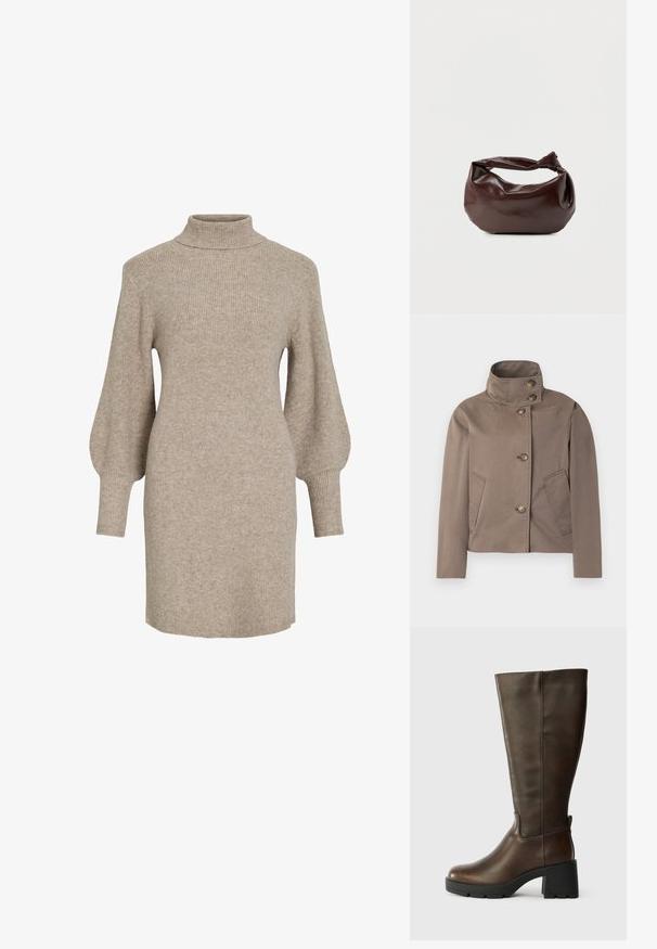 Veste marron taupe à col montant, quatre boutons sur le devant et deux poches latérales inclinées.; Robe-pull en maille côtelée beige avec col montant et manches bouffantes, présentant une texture douce et une longueur mi-cuisse.; Bottine en cuir marron jusqu'au genou avec un talon épais noir et une finition texturée. Présente un bout rond et des détails de couture latérale subtils.; Sac bandoulière en cuir marron foncé avec une forme souple et décontractée et une anse nouée torsadée sur un fond blanc uni.