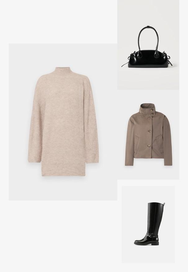 Taupebraune Jacke mit hohem Kragen, vier Knöpfen vorne und zwei schrägen Seitentaschen.; Beige Pullover mit hohem Kragen und fallenden Schultern, aus geripptem Strickmaterial gefertigt. Lockerer Schnitt mit langen Ärmeln und einer glatten Textur.; Schwarze kniehohe Stiefel aus glänzendem Leder mit silberner Schnalle am Knöchel und abgerundetem Zehenbereich. Flache Sohle.; Kleine schwarze glänzende Handtasche mit zwei langen Griffen und seitlichen Kordelzug-Details vor einfachem hellem Hintergrund.