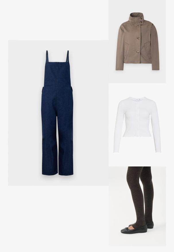 Veste marron taupe à col montant, quatre boutons sur le devant et deux poches latérales inclinées.; Salopette en denim marine avec jambes larges, bretelles ajustables et poches latérales, présentant un design épuré et minimaliste ainsi qu'une texture lisse.; Cardigan blanc à manches longues côtelé avec col rond, petits boutons devant, et bords festonnés à l'ourlet et aux poignets.; Jambes portant des leggings côtelés foncés associés à des ballerines noires avec de petits détails en nœud sur fond blanc.