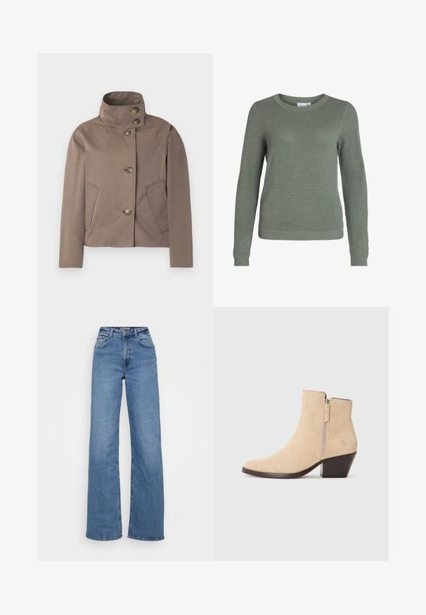 Taupe-brun jakke med høj krave, fire knapper foran og to skrå sidelommer.; Grøn strikket sweater med et tekstureret mønster, rund halsudskæring og ribstrikkede manchetter og kant. Blødt materiale og figursyet design.; Bredde ben blå jeans lavet af denim, med høj talje, klassisk fem-lomme design og en ren kant med minimal slid.; Beige suede ankelstøvle med lynlås i siden og sort stablet hæl, vist i profil på en hvid baggrund.