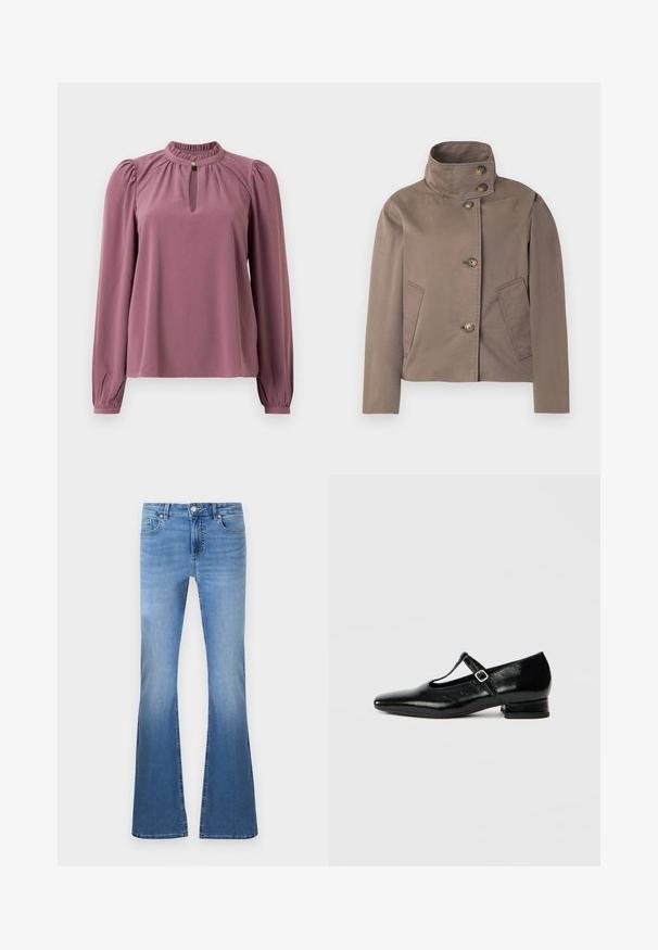 Taupebraune Jacke mit hohem Kragen, vier Knöpfen vorne und zwei schrägen Seitentaschen.; Langärmlige mauve Bluse mit gerafftem Kragen, Schlüsselloch-Ausschnitt mit Knopfverschluss und leicht gepufften Schultern.; Helle blaue Schlagjeans mit einem verwaschenen Finish, ausgestattet mit einem Frontknopf und einem Reißverschluss, Fünf-Taschen-Design und sichtbaren Nähdetails.; Schwarze Mary Jane Schuhe aus Leder mit spitzer Spitze, kleinem Blockabsatz und verstellbarem Riemen mit silberner Schnalle. Glatte, glänzende Textur.