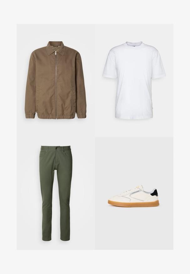 Brun zip-up jakke med krave, sidelommer, elastiske manchetter og en glat tekstur. Klassisk, minimalistisk design.; Hvid bomulds t-shirt med rund hals, korte ærmer og lige kant. Har et lille mærke på den venstre sidesøm.; Olivenfarvede bukser lavet af bomuldsblanding, med klassisk lige pasform, fem lommer og metalknaplukning. Glat tekstur.; Hvide sneakers med en tekstureret læderoverdel, grå accenter og en sort hælkappe. Gummisål i karamelbrun med diskret branding. Lavt snit.