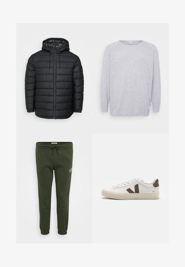 Veste matelassée noire avec capuche, présentant un motif matelassé, fermeture éclair frontale, ajustements par cordon de serrage et poignets élastiques pour un ajustement parfait.; Pull gris clair à manches longues, col rond et tricot texturé. Présente un motif discret de speckles et une petite étiquette au bas.; Pantalons de survêtement vert olive en coton doux mélangé, avec une taille élastique à cordon de serrage et des poignets côtelés aux chevilles.; Baskets en cuir blanc avec une semelle en caoutchouc beige clair. Présentent un logo en V en daim marron et une languette de talon. Fermeture à lacets avec une surface texturée.