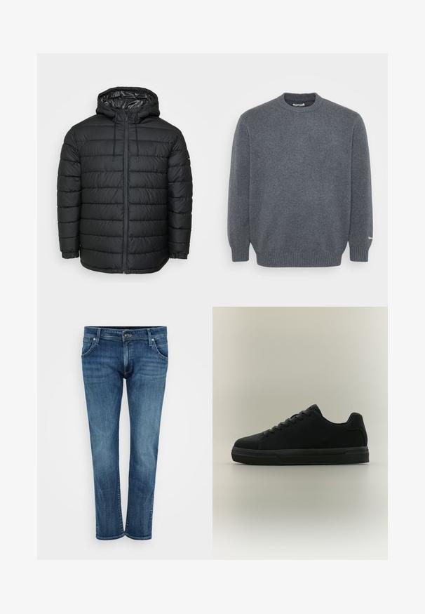 Schwarze Steppjacke mit Kapuze, mit einem gesteppten Muster, Reißverschluss vorne, Kordelzug zur Anpassung und elastischen Bündchen für eine eng anliegende Passform.; Dunkelgrauer Rundhals-Wollpullover mit gerippten Bündchen und Saum, glatter Stricktextur und kleinem weißen Logo-Detail am Bündchen des linken Ärmels.; Blaue Denim-Jeans mit geradem Bein, ausgestattet mit vorderen Taschen, einem Reißverschluss und dezentem Verblassen. Klassischer Stil mit mittlerem Wasch-Effekt.; Schwarzer Sneaker mit niedrigem Schaft, Schnürsenkeln, Gummisohle und glattem Finish, seitlich auf neutralem Hintergrund dargestellt.