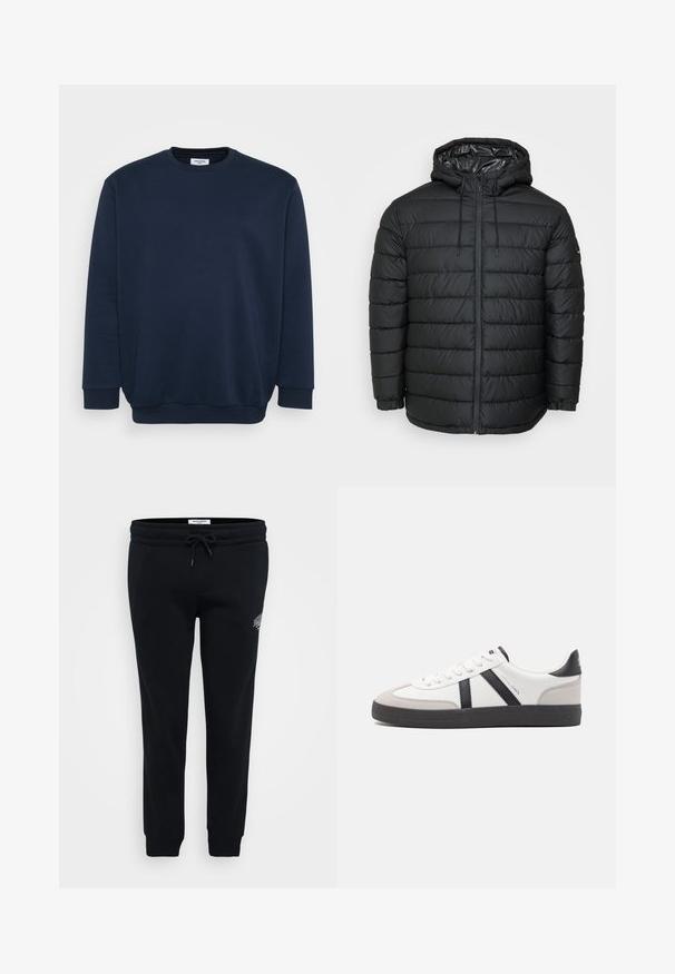 Veste matelassée noire avec capuche, présentant un motif matelassé, fermeture éclair frontale, ajustements par cordon de serrage et poignets élastiques pour un ajustement parfait.; Sweatshirt bleu marine en mélange de coton doux, avec un col rond, des manches longues et des poignets et ourlet côtelés. Design minimaliste sans motifs.; Pantalons de survêtement noirs en tissu doux, dotés d'une taille élastique, d'un cordon de serrage, de poches latérales et d'un petit logo sur la hanche.; Baskets blanches avec des accents noirs et gris, présentant un embout texturé gris, une semelle en caoutchouc noir et des lacets plats blancs. Design épuré, style minimaliste.