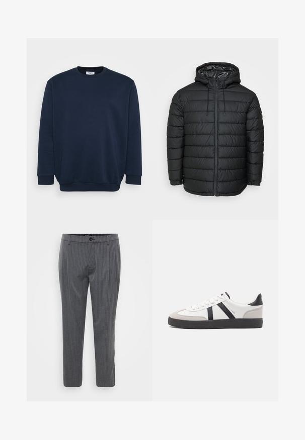 Sort dunjakke med hætte, med quiltet mønster, lynlåslukning foran, snøresystem og elastiske manchetter for en tætsiddende pasform.; Marineblå sweatshirt lavet af blød bomuldsblanding, med rund hals, lange ærmer og ribbede manchetter og kant. Minimalistisk design uden mønstre.; Grå stribede bukser lavet af vævet stof, med flad front, bæltestropper og en enkelt knaplukning. Skåret pasform og opkradede ben.; Hvide sneakers med sorte og grå detaljer, med en tekstureret grå tåhætte, sort gummisål og flade hvide snørebånd. Rent design, minimalistisk stil.