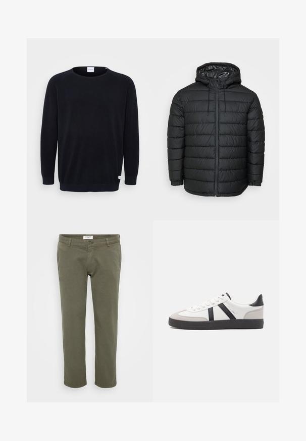 Sort dunjakke med hætte, med quiltet mønster, lynlåslukning foran, snøresystem og elastiske manchetter for en tætsiddende pasform.; Sort strikket sweater med rund halsudskæring og lange raglanærmer. Har ribbede manchetter og kant, tekstureret stof og et lille mærke ved kanten.; Olivengrønne chinos med lige pasform, lavet af bomuld med let struktur, med knaplukning og bæltestropper.; Hvide sneakers med sorte og grå detaljer, med en tekstureret grå tåhætte, sort gummisål og flade hvide snørebånd. Rent design, minimalistisk stil.