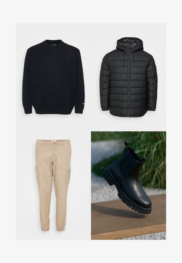 Sort dunjakke med hætte, med quiltet mønster, lynlåslukning foran, snøresystem og elastiske manchetter for en tætsiddende pasform.; Sort strikket crewneck sweater med lange ærmer og ribbede manchetter og kant, præsenteret på en ensfarvet lys baggrund.; Beige cargo bukser lavet af letvægtsstof, med tætsiddende ben, elastiske manchetter og sidelommer med klaplukninger til funktionalitet.; Sorte læder ankelstøvler med elastiske sidepaneler, rund tå og kraftig sål, vist på en træoverflade.