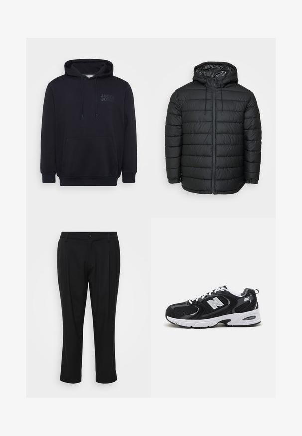 Schwarze Steppjacke mit Kapuze, mit einem gesteppten Muster, Reißverschluss vorne, Kordelzug zur Anpassung und elastischen Bündchen für eine eng anliegende Passform.; Schwarzer Hoodie aus Baumwollmischung, mit einer vorderen Kängurutasche, einer Kapuze mit Zugband und einem dezenten Logodesign auf der Brust.; Schwarze maßgeschneiderte Hosen mit geradem Bein. Aus einem glatten Stoff gefertigt, mit einem Knopfverschluss und zwei vorderen Taschen.; Schwarze und graue Sportschuhe mit Obermaterial aus Mesh und Wildleder, ausgestattet mit einer weißen Zwischensohle, Schnürsenkeln und einem markanten "N"-Logo an der Seite.
