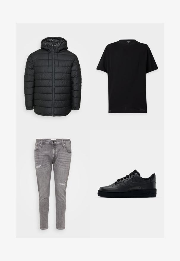 Sort dunjakke med hætte, med quiltet mønster, lynlåslukning foran, snøresystem og elastiske manchetter for en tætsiddende pasform.; Ensfarvet sort T-shirt med korte ærmer og rund hals uden synlige logoer eller designs vist mod en lys baggrund.; Grå denim jeans med slidte detaljer, slim fit, standard fem-lomme design og en let sammenløbende ben.; Sort Nike Air Force 1 sneaker med en glat læderoverdel, perforeret tå for åndbarhed, sorte snørebånd og en textured gummisål.