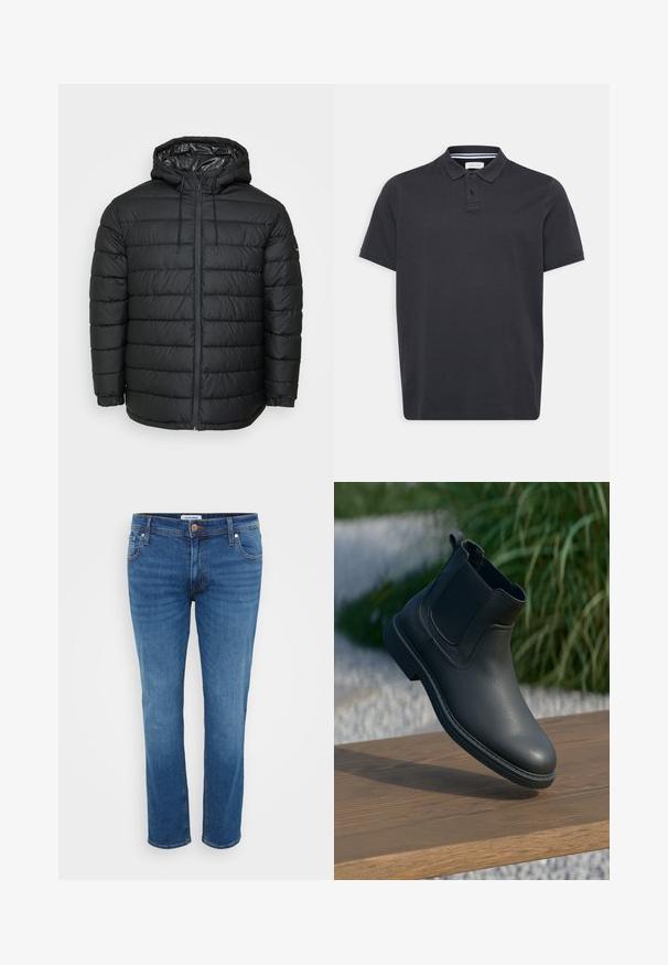 Schwarze Steppjacke mit Kapuze, mit einem gesteppten Muster, Reißverschluss vorne, Kordelzug zur Anpassung und elastischen Bündchen für eine eng anliegende Passform.; Schwarzes Poloshirt aus Baumwolle mit gefaltetem Kragen, Knopfleiste mit drei Knöpfen und kurzen Ärmeln. Glatte Textur, simples Design.; Jeans aus Denim in einem mittleren Blauton, mit einem geraden Bein Design, fünf Taschen-Stil und einem Knopfverschluss an der Taille.; Schwarze Leder-Stiefelette mit elastischen Seitenpanelen, strukturierten Akzenten und Gummisohle; die Präsentation umfasst eine Holzoberfläche und Grünpflanzen.