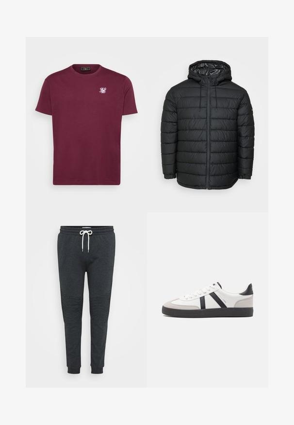 Schwarze Steppjacke mit Kapuze, mit einem gesteppten Muster, Reißverschluss vorne, Kordelzug zur Anpassung und elastischen Bündchen für eine eng anliegende Passform.; Bordeaux Baumwoll-T-Shirt mit runder Halslinie, kurzen Ärmeln und einem kleinen weißen Logo auf der linken Brust. Glatte Textur und klassischer Schnitt.; Dunkelgraue Jogginghose mit weißem Kordelzug, gerippten Knie-Details, elastischem Bund und Bündchen an den Knöcheln vor einem schlichten Hintergrund.; Weiße Sneaker mit schwarz- und grau-aczenten, ausgestattet mit einer strukturierten grauen Zehenkappe, schwarzer Gummi-Sohle und flachen weißen Schnürsenkeln. Sauberes Design, minimalistische Stil.