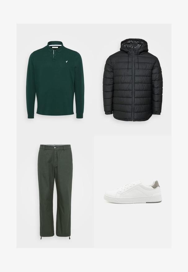 Veste matelassée noire avec capuche, présentant un motif matelassé, fermeture éclair frontale, ajustements par cordon de serrage et poignets élastiques pour un ajustement parfait.; Polo à manches longues en coton vert foncé, avec un logo blanc sur la poitrine, une patte de boutonnage à deux boutons et des poignets côtelés.; Pantalons en vert foncé, en tissu lisse. Design à jambe droite avec fermeture à bouton, cordons de serrage réglables à l'ourlet.; Basket blanche en cuir lisse, à bout arrondi, design minimaliste, accent de talon gris et semelle en caoutchouc texturé.