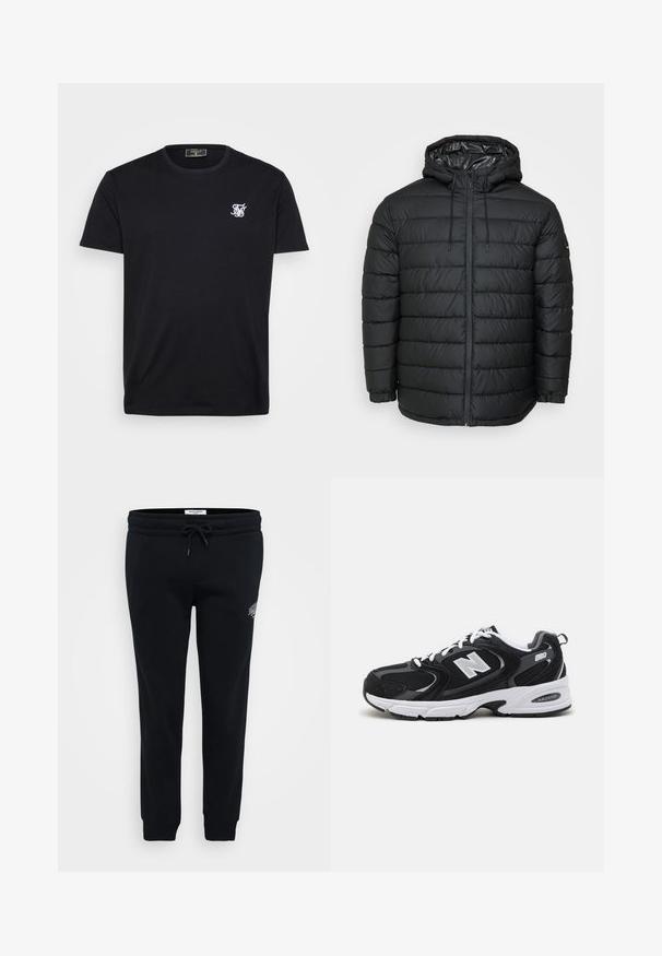 Schwarze Steppjacke mit Kapuze, mit einem gesteppten Muster, Reißverschluss vorne, Kordelzug zur Anpassung und elastischen Bündchen für eine eng anliegende Passform.; Schwarzes Baumwoll-T-Shirt mit kurzen Ärmeln, Rundhalsausschnitt und kleinem weißen gestickten Logo auf der linken Brust. Einfaches und klassisches Design.; Schwarze Jogginghose aus weichem Material, mit elastischem Bund, Kordelzug, Seitentaschen und einem kleinen Logodetail auf der Hüfte.; Schwarze und graue Sportschuhe mit Obermaterial aus Mesh und Wildleder, ausgestattet mit einer weißen Zwischensohle, Schnürsenkeln und einem markanten "N"-Logo an der Seite.