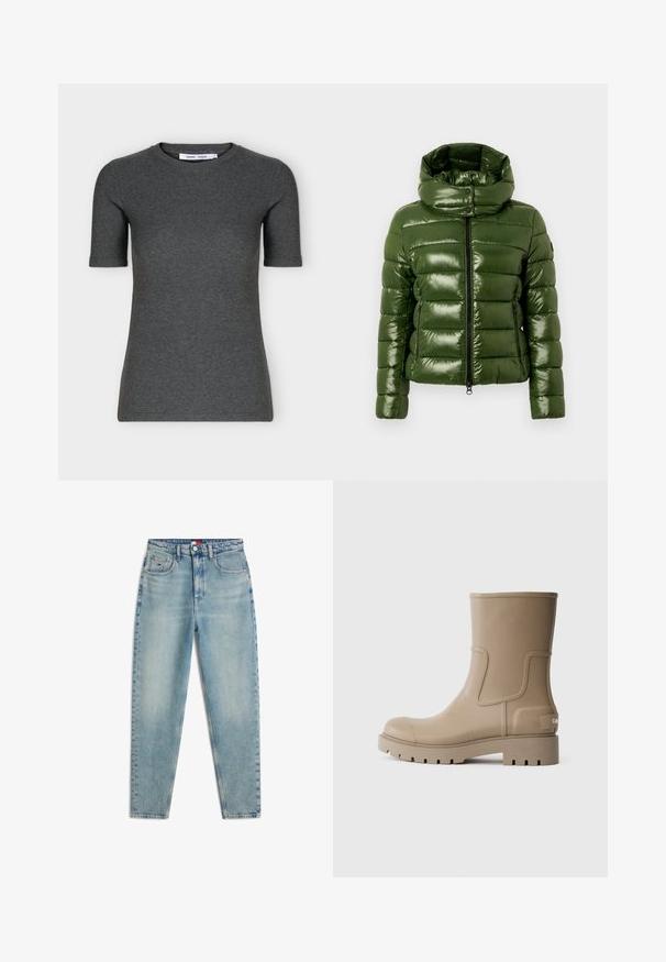Doudoune verte à finition brillante, avec un col montant, un design matelassé horizontal, et deux poches latérales zippées.; T-shirt tricoté gris foncé à manches courtes, col rond, coupe ajustée et design uni présenté sur fond blanc.; Jean mom taille haute bleu clair avec poches avant, passants pour ceinture, bouton, braguette zippée et décoloration subtile sur les cuisses et les genoux.; Bottes de cheville en caoutchouc beige avec une finition lisse, bout rond et semelle texturée. Présentent un panneau latéral et un détail de logo sur le talon.