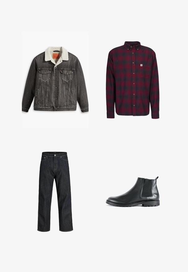Sort denimjakke med en blød cremefarvet shearlingkrave, knaplukning, to brystlommer og slidte detaljer i kanten.; Honesty Rules CHECK - Skjorter - bordeaux; Mørkeblå denimjeans med et design med lige ben, som har lukning med knap og minimal syning. Stoffet har en glat, tekstureret overflade.; Sorte læder ankelstøvler med en elastisk sidepanel, rund tå og en struktureret gummisål. Har en træktab bagpå.