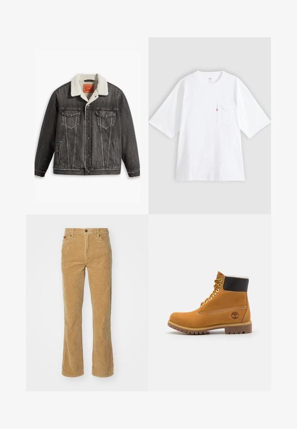 Veste en denim noir avec un doux col en shearling crème, fermeture à boutons, deux poches poitrine et des détails d'ourlet effilochés.; T-shirt en coton blanc à manches courtes, col rond et poche poitrine gauche. Comprend une petite étiquette logo rouge sur la poche.; Pantalons en velours côtelé beige avec une coupe évasée, présentant un tissage vertical, une fermeture à bouton et des poches avant.; Bottine en cuir brun avec œillets en métal, doublure en fourrure blanche, col rembourré noir, semelle robuste et logo en relief sur le côté.