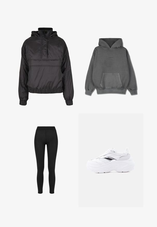 Sort hættetrøje lavet af letvægts, skinnende materiale. Har en halv lynlås foran, elastiske manchetter og en kant med elastisk trim.; Pegador CLARITA LOGO OVERSIZED HOODIE - Hættetrøje - vintage grey grey gum; Sorte leggings i glat stof, med høj talje, tætsiddende design og uden synlige sømme, velegnet til afslappet eller aktivt brug.; Hvid chunky sneaker med mesh og læder øvre, tyk sål, metalisk sølvdetalje og "Karl Lagerfeld" branding på siden.