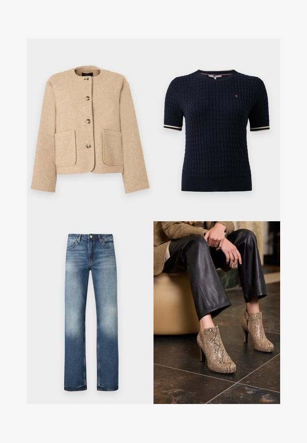Veste beige texturée avec un col rond, une fermeture à boutons sur le devant et deux grandes poches avant. Tissu lisse avec un aspect légèrement tissé.; Haut en maille bleu marine à manches courtes avec motif torsadé, petit logo brodé sur la poitrine et poignets et encolure côtelés rayés blancs.; Jean en denim bleu avec une coupe droite, texture délavée et légère usure. Comprend cinq poches et des accessoires métalliques.; Femme assise portant un pantalon en cuir noir et des bottines beige en peau de serpent à talons hauts sur un sol carrelé sombre.