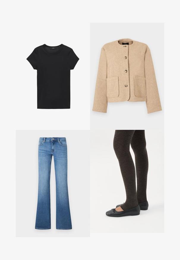 Beige gebreid jasje met een ronde halslijn, knoopsluiting aan de voorkant en twee grote voorzakken. Gladde stof met een licht geweven uitstraling.; Zwarte t-shirt met korte mouwen van ribstof. Heeft een ronde halslijn en een eenvoudige, rechte snit. Minimalistisch ontwerp zonder versieringen.; Lichtblauwe uitlopende jeans gemaakt van denim. Voorzien van een ontwerp met vijf zakken, metalen knoopsluiting en subtiele vervagingen bij de knieën.; Benen met donkere geribbelde leggings gecombineerd met zwarte ballerina's met kleine strikdetails op een witte achtergrond.