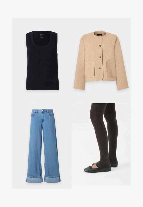 Beige tekstureret jakke med rund halsudskæring, knaplukning foran og to store forlommer. Glat stof med let vævet udseende.; Sort ribbet tanktop med rund halsudskæring, ærmeløs design og tætsiddende silhuet. Mærket er vist i den øverste midte.; Lyseblå denim bukser med vide ben har høj talje, optrillede nederkanter, fem lommer og en knaplukning med lynlås.; Ben iført mørke ribbede leggings kombineret med sorte balletsko med små sløjfedetaljer på hvid baggrund.