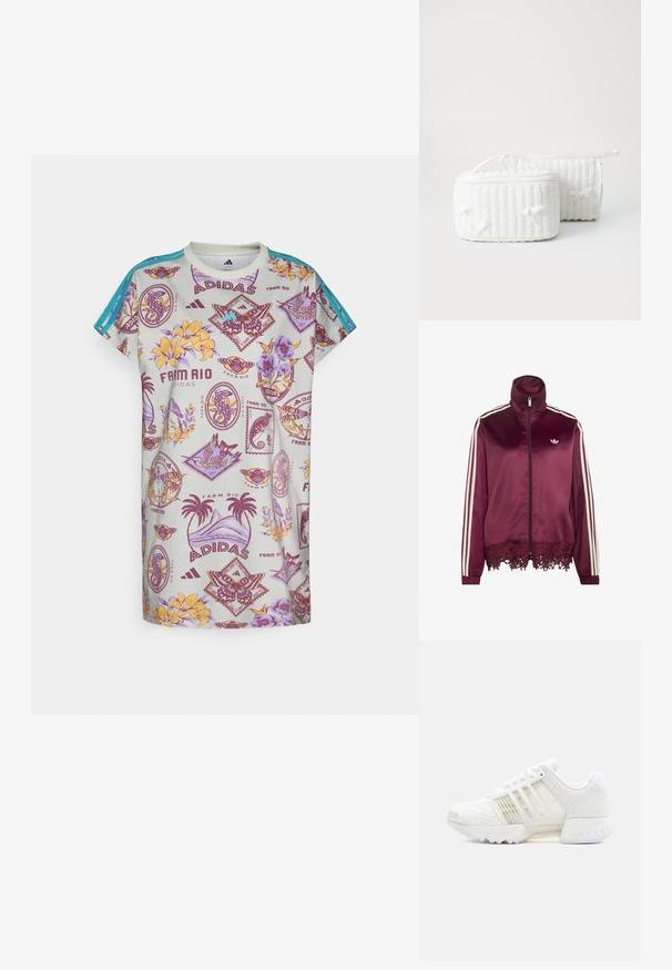 Vurgpunane satiinist lukuga jakk valgete triipudega varrukatel, kõrge krae ja pitsiga serva allääres.; adidas Sportswear FARM DRESS - Trikotaažkleit - ash silver/corn gold/violet fusion; Valge sportlik jalanõu tekstureeritud võrgus ülaosaga, läbipaistvate küljeosade ja massiivse kummist tallaga. Omab paeltega kinnitamist ja pehmendusega kraed.; Kaks valget tekstiilist kosmeetikakotti, üks ristkülikukujuline ülevalt käepidemega, millel on ribakujuline tekstuur ja väikesed paelad külgedel. Teine on silindrikujuline.