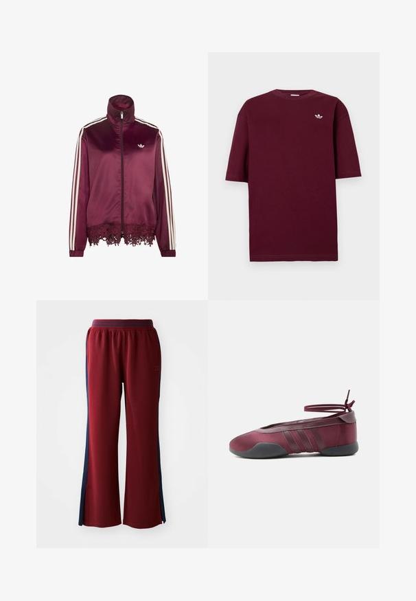 Vinrød satin lynlåstrøje med hvide striber på ærmerne, høj krave og blondekant langs nederste kant.; Mørkerød Adidas t-shirt med rund hals og korte ærmer, med en lille hvid Adidas trefoil-logo på venstre bryst.; Røde sweatpants med en løs pasform, med marineblå sidelister og et bredt ben design. Elastisk talje for komfort.; Burgunderfarvet balletsko med sort sål, elastiske ankelstropper bundet i sløjfe og syninger på siderne, vist fra ydersiden.