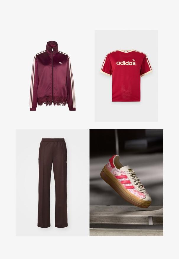 Bordová saténová bunda na zips s bielymi pruhmi na rukávoch, vysokým golierom a čipkovým lemom pozdĺž spodného lemu.; Červené sieťované tričko Adidas s béžovým lemovaním na golieri, rukávoch a troch pruhmi na pleciach, s logom Adidas a textom na prednej strane.; Hnedé športové nohavice s elastickým pásom, dvoma bočnými vreckami a malým logom na ľavej strane, vyrobené z mäkkej látky.; Tenisky s ružovým vzorom, s mäkkým vrchom z of-white kože, tromi ružovými pruhmi a gumenou podrážkou. Zlato-tlačené logo na jazyku.