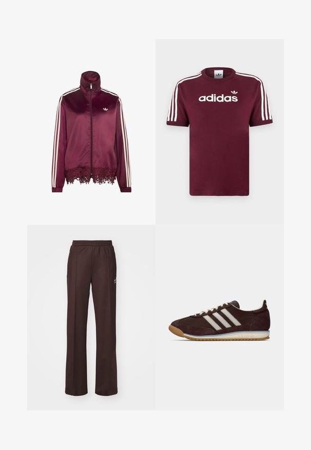 Vinrød satin lynlåstrøje med hvide striber på ærmerne, høj krave og blondekant langs nederste kant.; Mørkerød bomulds T-shirt med hvide stribede ærmer, med "adidas" logo i hvid på brystet og et lille logo ovenover.; Brune træningsbukser med elastisk talje, to sidelommer og et lille logo på venstre side, lavet af et blødt stof.; Lavprofil mørk burgunder Adidas sneakers med hvide striber, cremefarvede snørebånd og gummitalje, set fra siden på neutral baggrund.