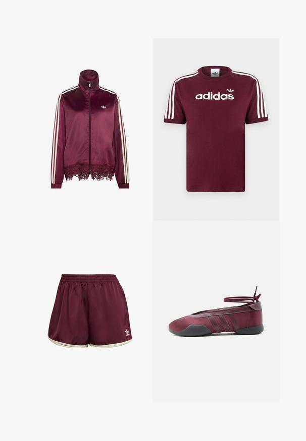 Dunkelroter Satin-Zip-Up-Jacke mit weißen Streifen an den Ärmeln, hohem Kragen und Spitzenbesatz am unteren Saum.; Maroonfarbenes Baumwoll-T-Shirt mit weißen, gestreiften Ärmeln, das das "adidas"-Logo in Weiß auf der Brust und ein kleines Logo darüber zeigt.; adidas Originals SPRINTER - Shorts - maroon cream white; Bordeauxrote Ballerina mit schwarzer Sohle, elastischen Knöchelriemen, die zu einer Schleife gebunden sind, und gesteppten Details an den Seiten, von der Außenseite gezeigt.