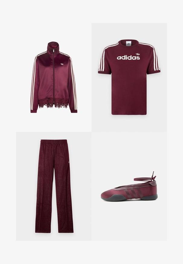 Vinrød satin lynlåstrøje med hvide striber på ærmerne, høj krave og blondekant langs nederste kant.; Mørkerød bomulds T-shirt med hvide stribede ærmer, med "adidas" logo i hvid på brystet og et lille logo ovenover.; Bordeaux træningsbukser lavet af tekstureret stof, med elastisk talje og sidesømme for en lige ben-design.; Burgunderfarvet balletsko med sort sål, elastiske ankelstropper bundet i sløjfe og syninger på siderne, vist fra ydersiden.