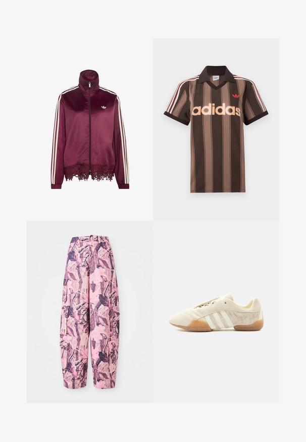Veste zippée en satin bordeaux avec des rayures blanches sur les manches, un col montant et une bordure en dentelle le long de l'ourlet inférieur.; Polo Adidas rayé marron avec col en V, col bordeaux, et logo rouge. Comprend des rayures blanches et rouges sur les épaules, manches courtes.; Des pantalons larges à motifs roses et violets présentent un design de feuilles et de branches, avec une taille haute et des poches latérales pour une fonctionnalité supplémentaire.; Baskets beige profil bas avec trois bandes blanches, panneaux latéraux en suède texturé, semelle en gomme et fermeture à lacets sur fond uni.
