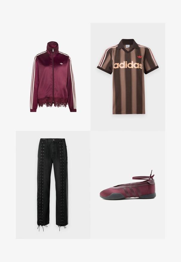 Vinrød satin lynlåstrøje med hvide striber på ærmerne, høj krave og blondekant langs nederste kant.; Brunstribet Adidas polo-shirt med V-hals, bordeaux krave og rødt logo. Har hvide og røde skulderstriber samt korte ærmer.; Sorte denimbukser med sidepaneler med snøredetaljer, maljer og justerbare snorelukninger ved kanten. Rette bukseben.; Burgunderfarvet balletsko med sort sål, elastiske ankelstropper bundet i sløjfe og syninger på siderne, vist fra ydersiden.