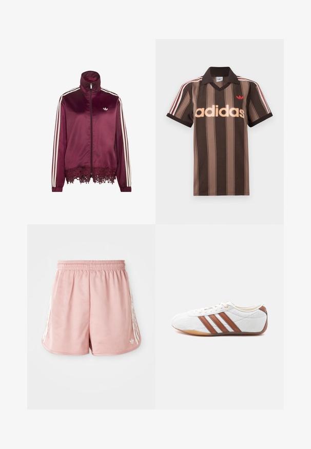 Vurgpunane satiinist lukuga jakk valgete triipudega varrukatel, kõrge krae ja pitsiga serva allääres.; Pruunide triipudega Adidas polotee, V-kaelusega, bordeau krae ja punase logoga. Omad valge ja punase triibuga õlad ning lühikesed varrukad.; Roosa sportlikud lühikesed püksid elastse vöökoha, külgedel valgete triipudega ja väikese logoga vasakul all ees. Sile kangastekstuur.; Valge madala säärega tenniskinga pruunide nahast triipude, nöörpaela kinnituse ja kummist talla ning siseküljelt valge taustaga.