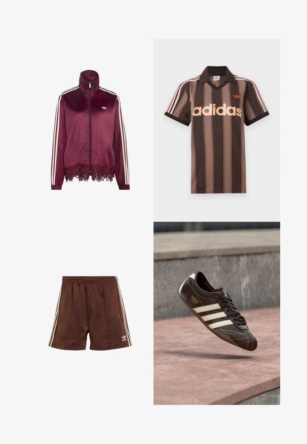 Dunkelroter Satin-Zip-Up-Jacke mit weißen Streifen an den Ärmeln, hohem Kragen und Spitzenbesatz am unteren Saum.; Braunes gestreiftes Adidas-Poloshirt mit V-Ausschnitt, bordeauxrotem Kragen und rotem Logo. Mit weißen und roten Schulterstreifen, kurzen Ärmeln.; Braune Sportshorts aus glattem Stoff mit lockerer Passform, die weiße seitliche Streifen und ein besticktes Logo am unteren linken Saum aufweisen.; Brauner Ledersneaker mit weißen drei Streifen, strukturierter Oberfläche, Schnürdesign und brauner Gummisohle. Verfügt über ein eingeprägtes Logo an der Seite.